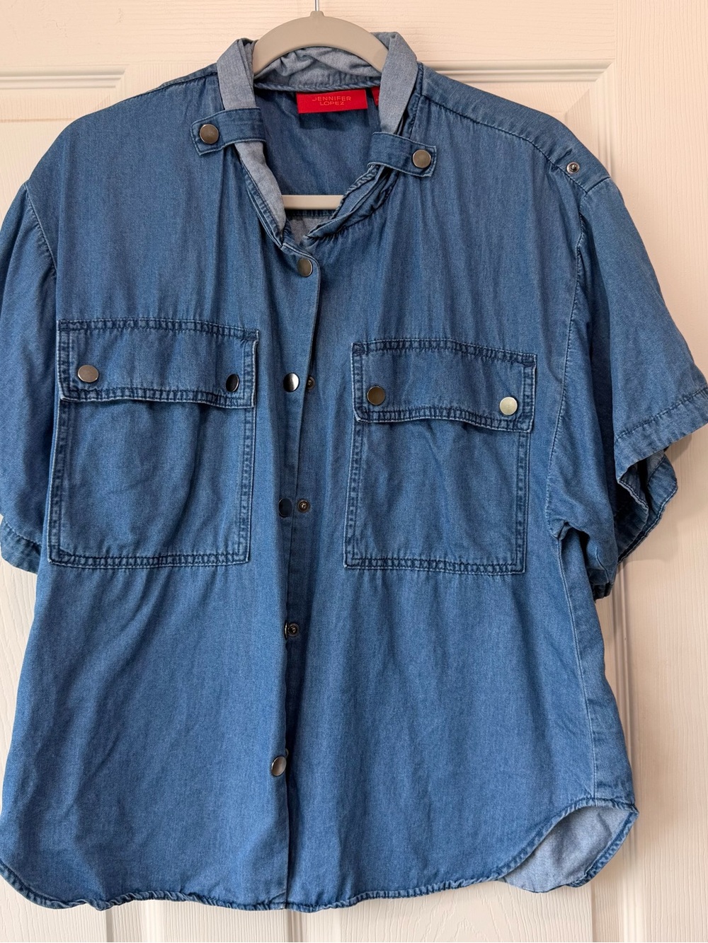 Denim Top in Medium Blue with Snap Details